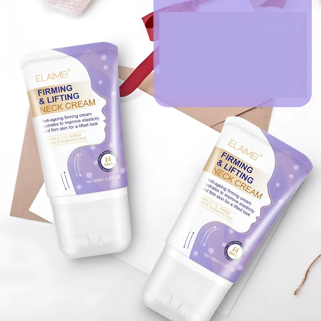 Purple bottle of anti-aging neck cream with multi-ball massage roller on neck