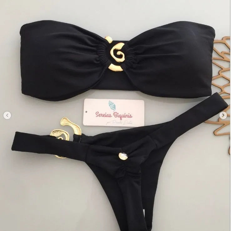 Women's metal ornament split bikini set in black with removable shoulder strap for swimming and wading sports