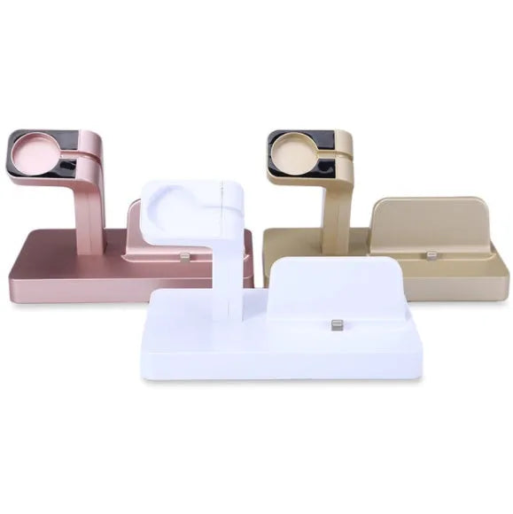White 2-in-1 desktop charging dock holding an iPhone and an Apple Watch for simultaneous charging.