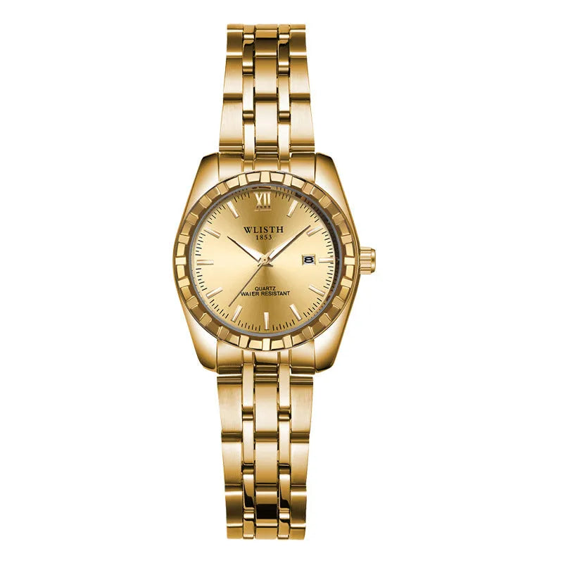 Couple watch set with steel band, gold and silver dials, luminous hands, and 28mm case