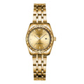 Couple watch set with steel band, gold and silver dials, luminous hands, and 28mm case