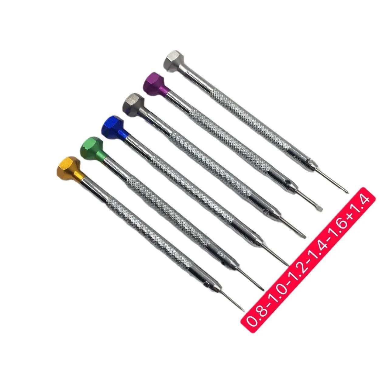Six-piece watch repair screwdriver set with coloured aluminium handles and spring steel cutter heads