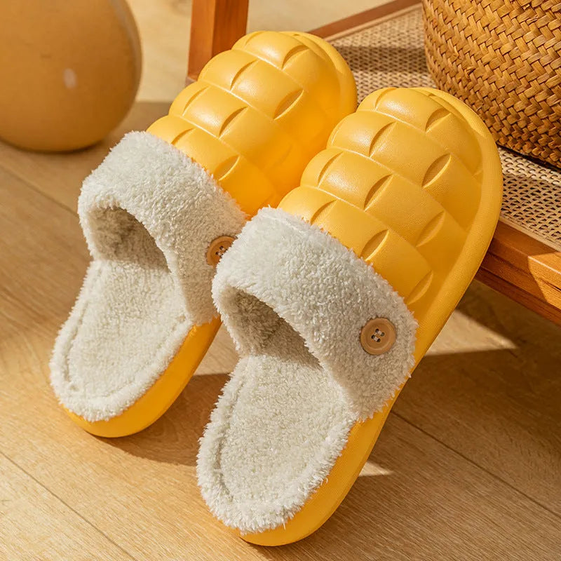 Plaid-patterned detachable EVA house slippers with plush lining, shown in pink, green, yellow, white, grey, or black.