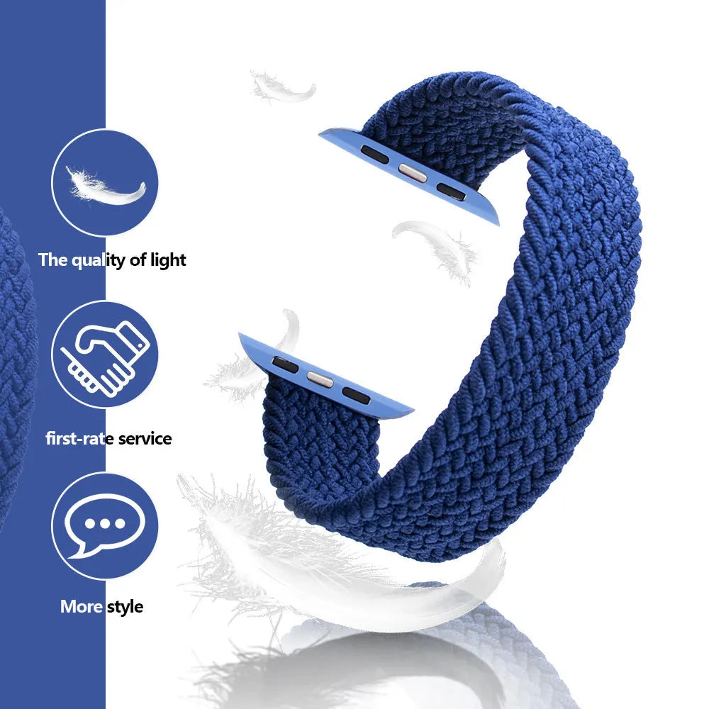 Elastic woven Apple Watch strap in recycled yarn, shown in red, fitting a smartwatch.