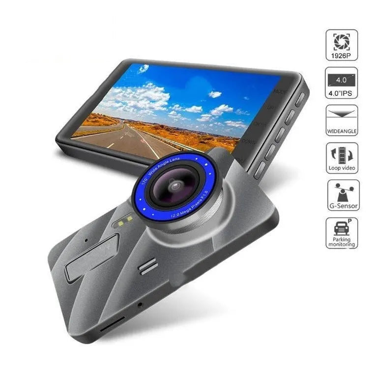 4-inch dash cam with IPS screen and dual lens installed on car windscreen showing HD night vision recording