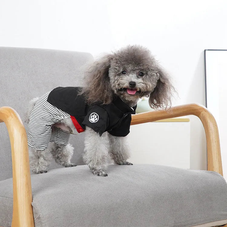 Thin cotton dog clothes for poodles in skirt and four-foot pants styles, shown in S, M, L, XL sizes.