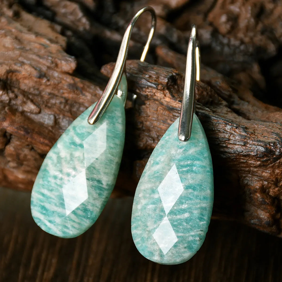 Drop shape earrings for women, pink crystal and green Dongling copper, electroplated finish, Amazonite and pink crystal colour options