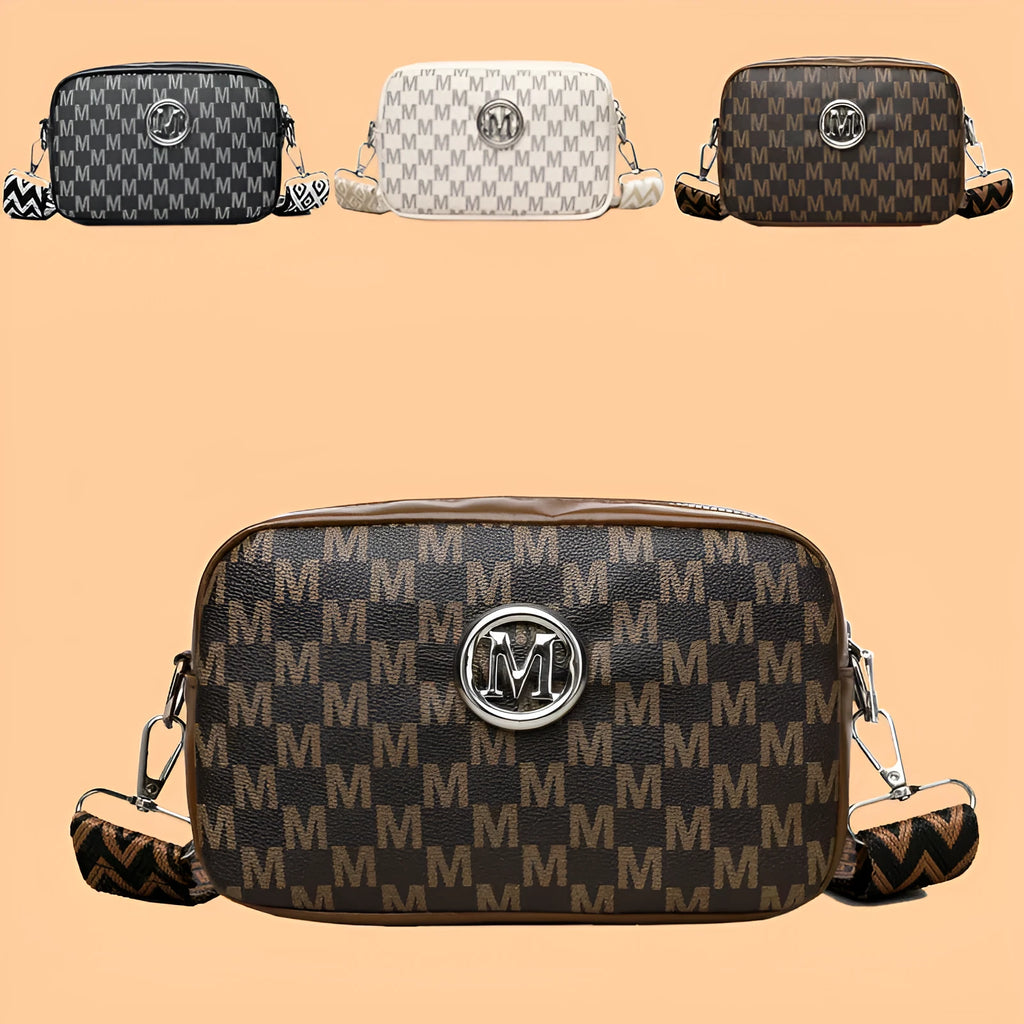 PU wide-strap crossbody bag with three-dimensional pocket in black, brown or white