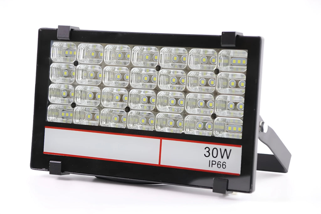 Black Angel Eyes 30W LED projection light with aluminium alloy body and tempered glass lampshade for stadiums and parks.