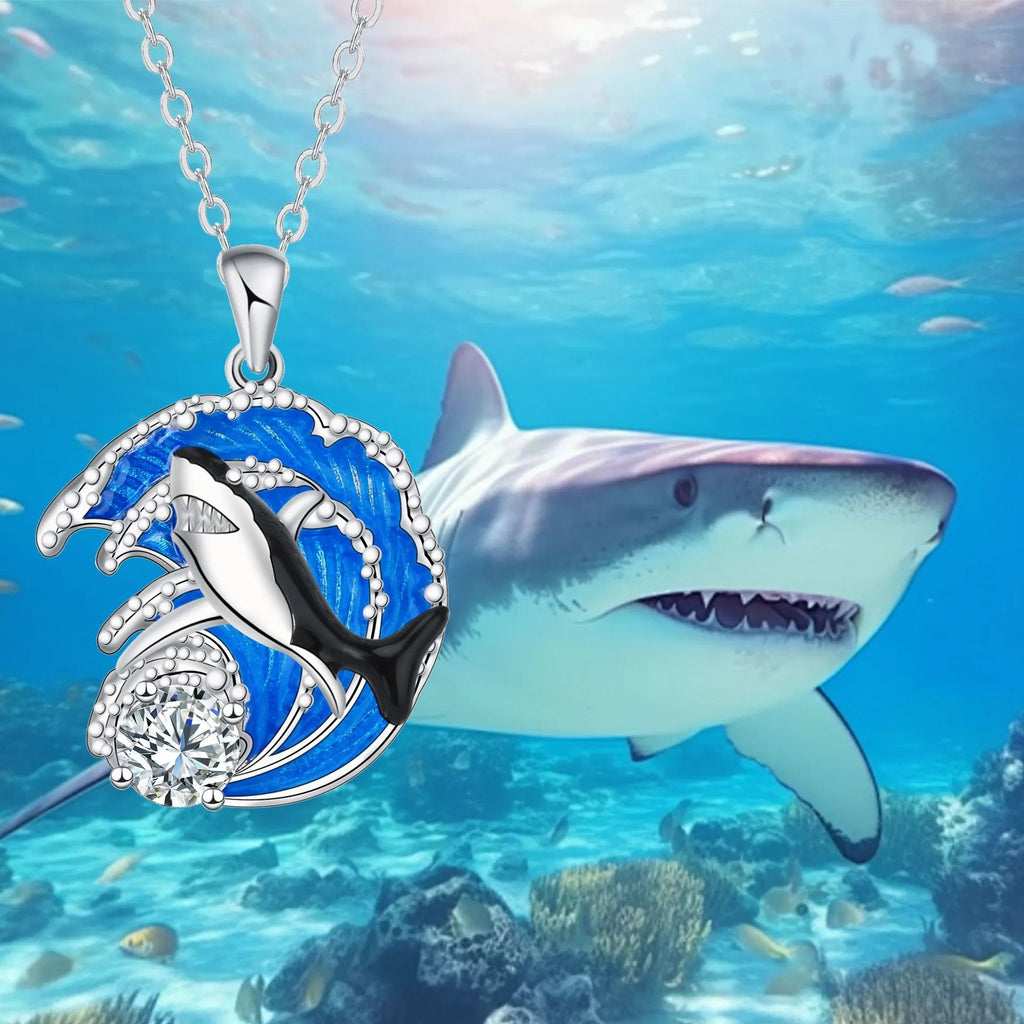 Copper shark pendant necklace with electroplated finish on cross chain