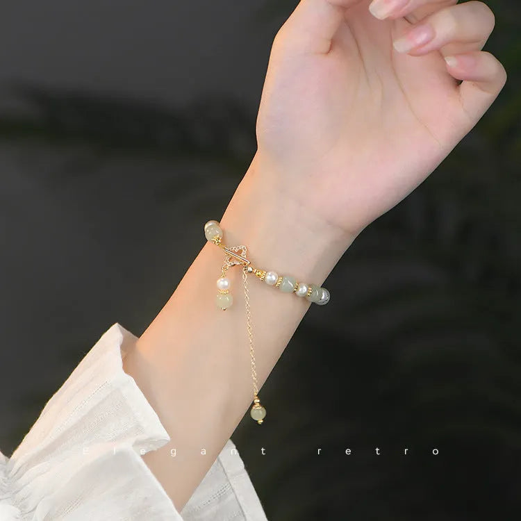 Natural Hetian jade pearl pendant women's bracelet with gold electroplated Chinese style design