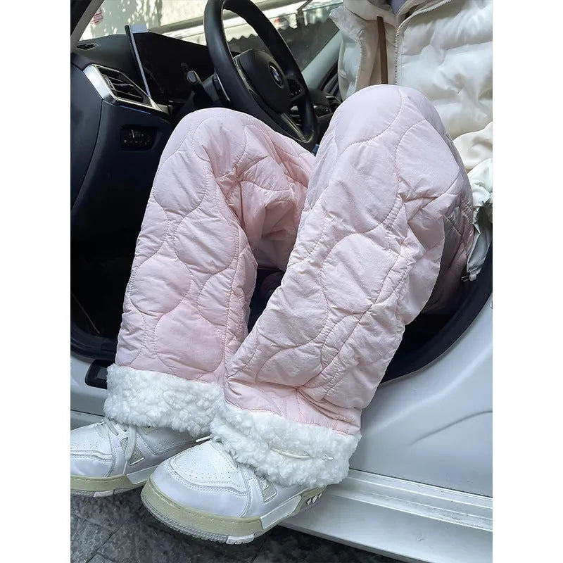 Winter cotton-padded waterproof patchwork lambskin cotton pants in black, side view