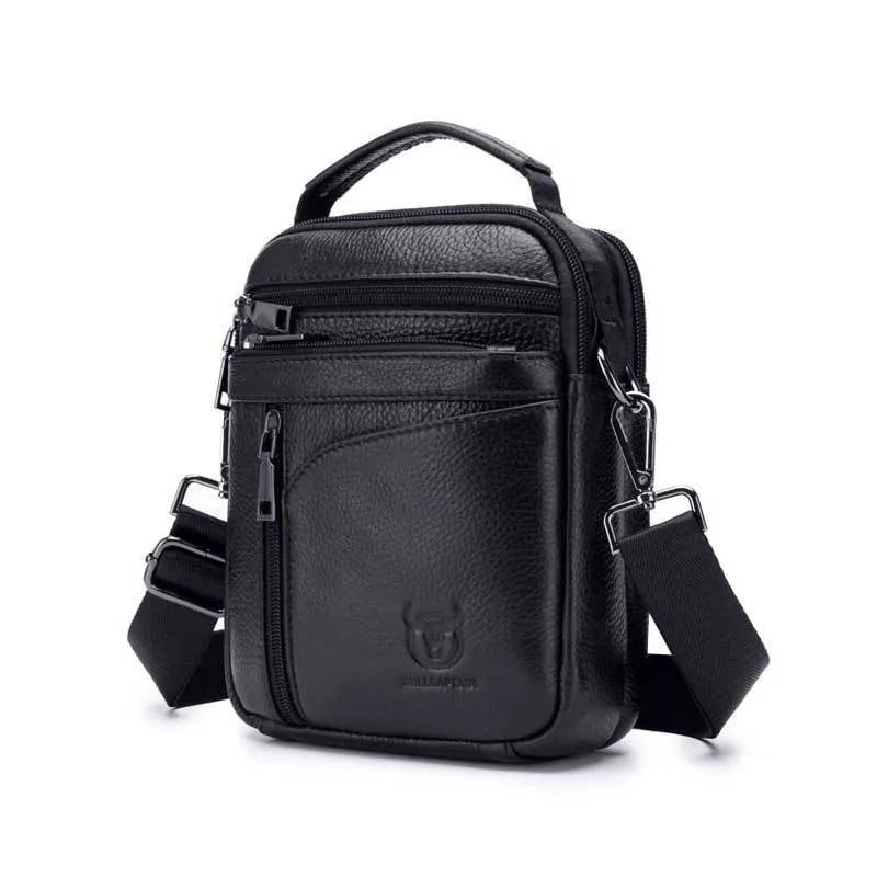 Black genuine leather men's shoulder messenger bag with retro styling