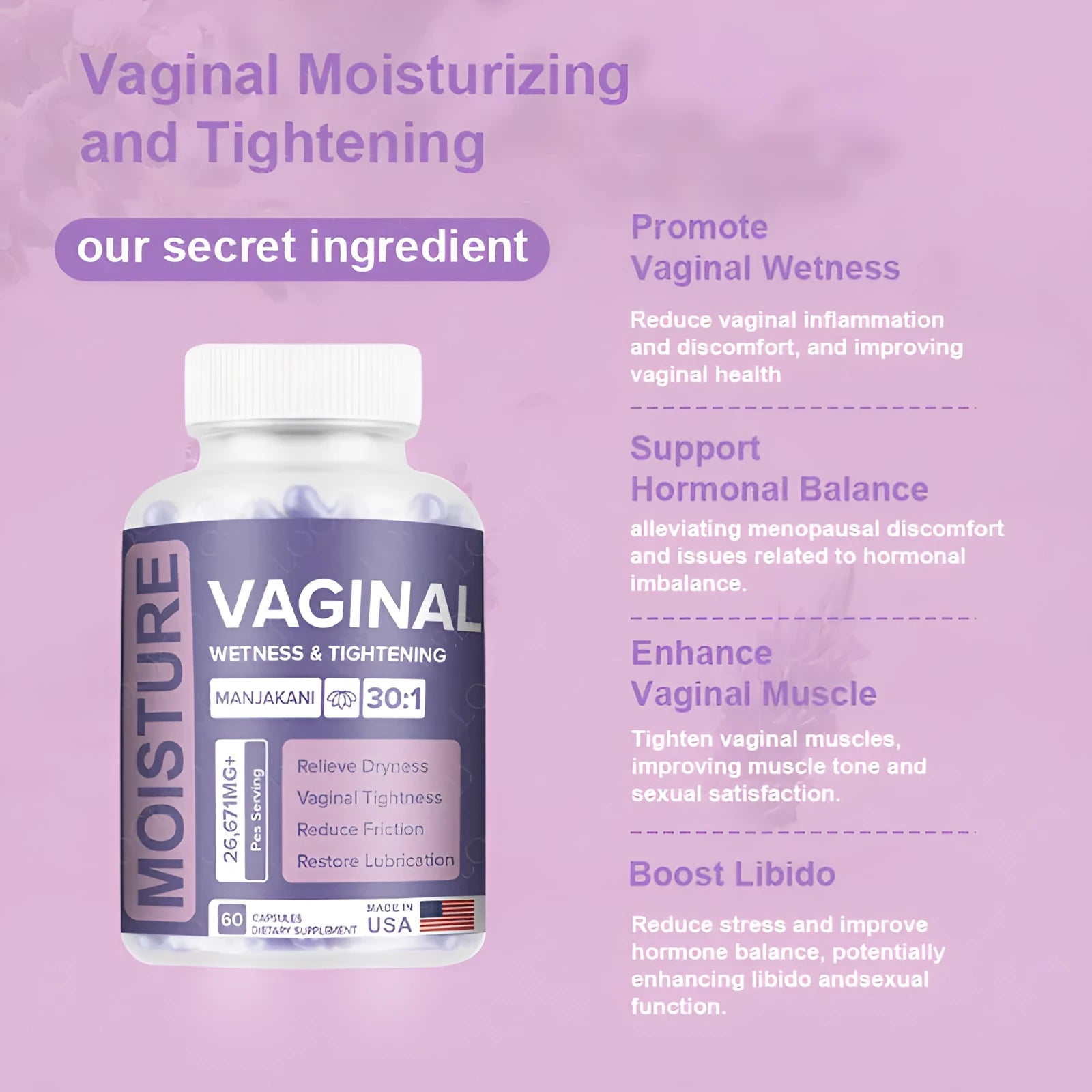 Bottle of 60 vaginal capsules for women's intimate health supplement