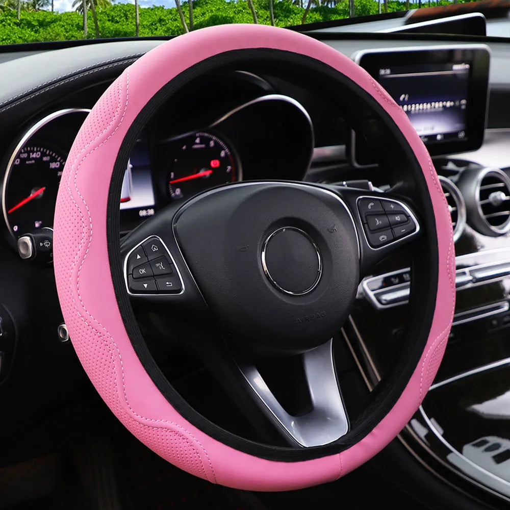Elastic embossed corrugated PU leather steering wheel cover shown in black and red, suitable for 37-38cm wheels