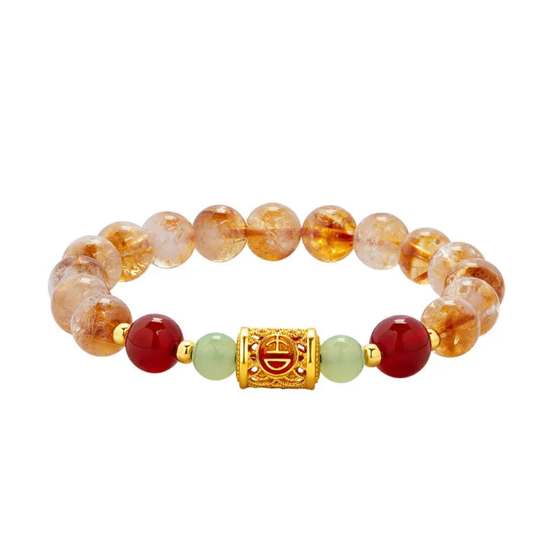 Yellow Chinese bracelet with red agate, Hetian jade, crystal, and sterling silver beads 8mm geometric design