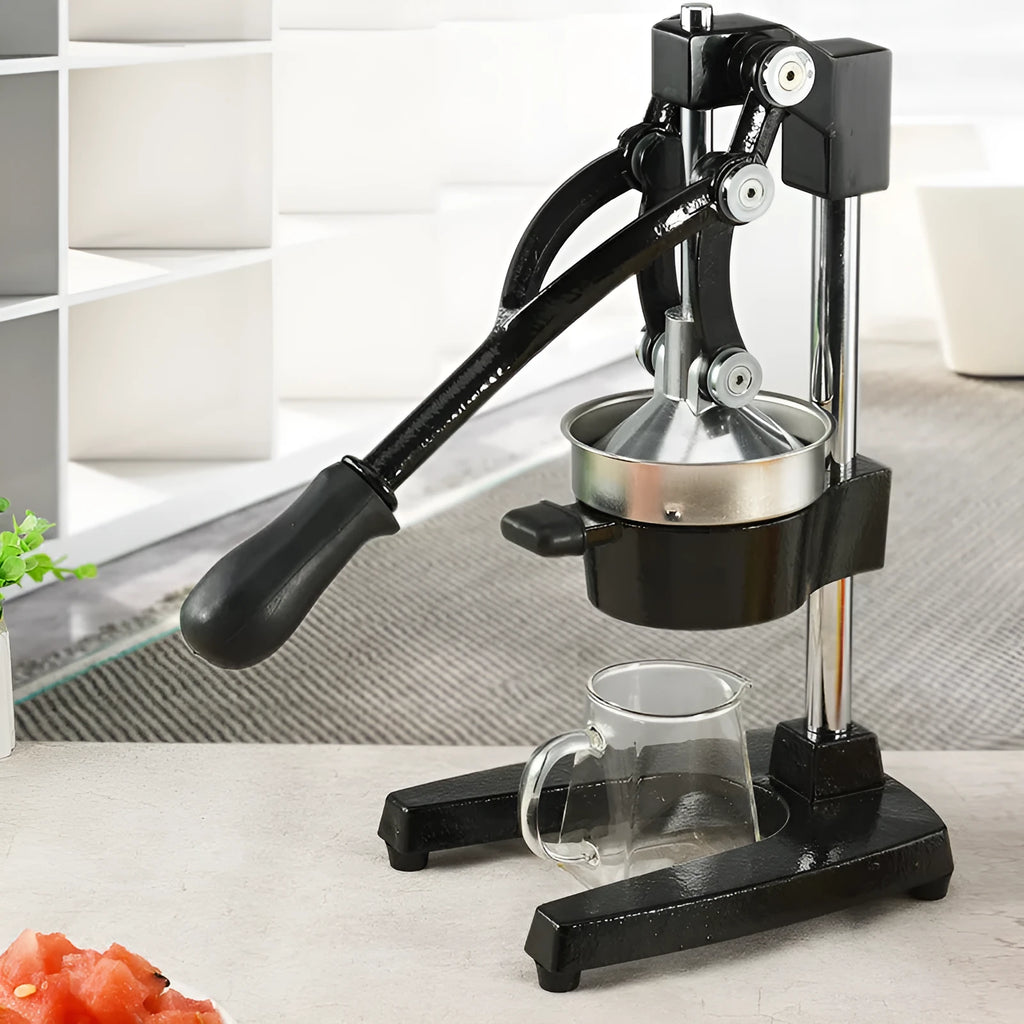 Black cast iron manual citrus juicer with stainless steel strainer, 40cm height