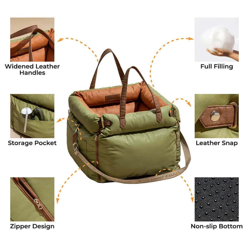Green waterproof removable pet car nest for dogs on a grey car seat