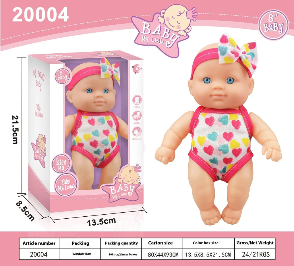 Vinyl baby figurine doll in presentation box, 21.5 cm tall, available in six colours.