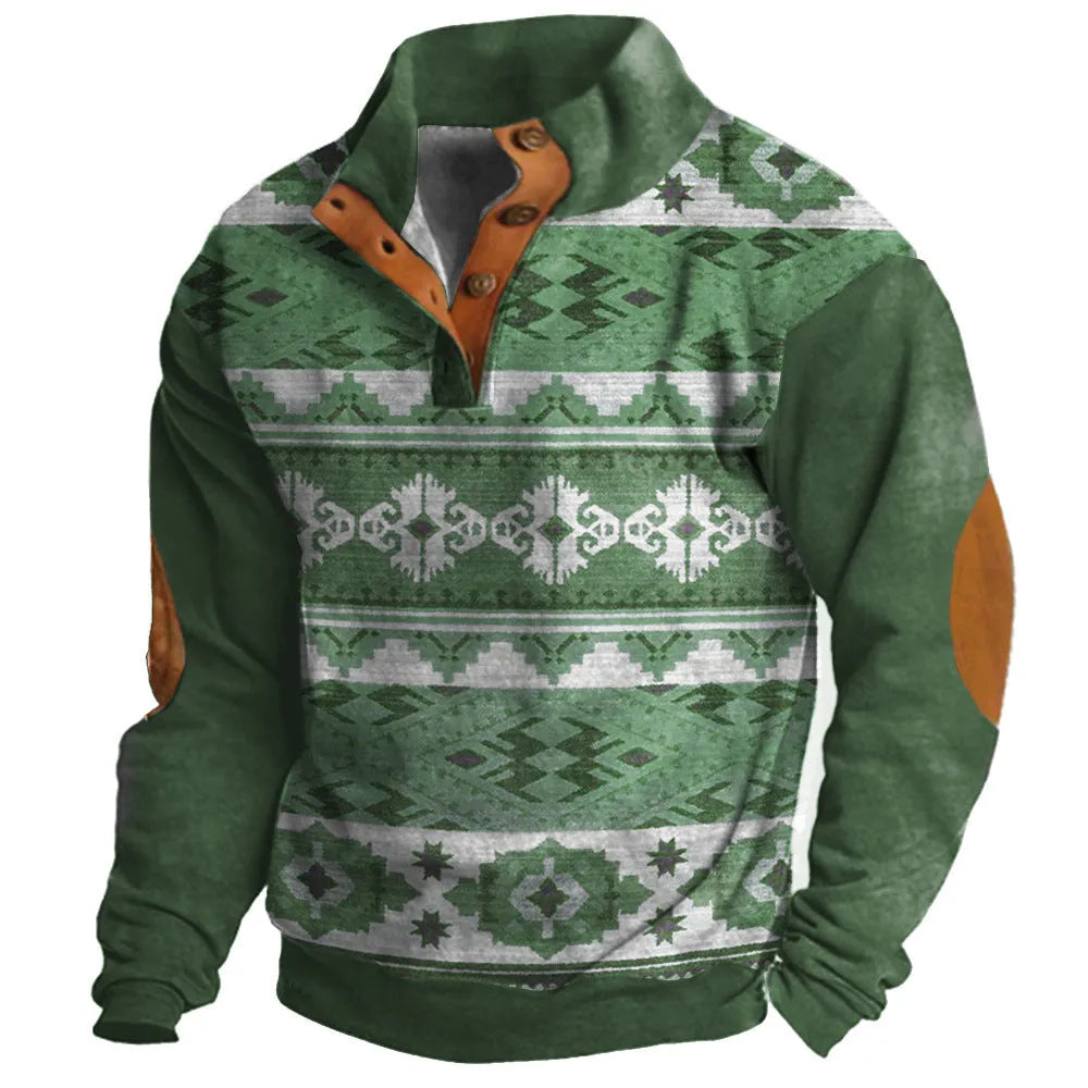 Teenager wearing a loose-fit long-sleeved sweater with a 3D digital print design and four buttons on the front.