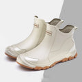 Low tube PVC rain boots with plastic soles in multiple colour options