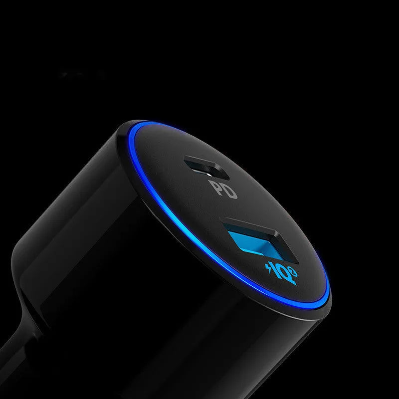 High-power fast charging car charger with dual USB ports, 63x35x35mm size, for 12-24V vehicles