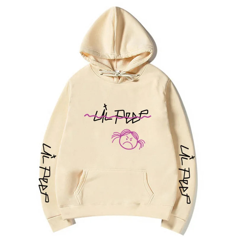 Lil Peep hoodie in beige with white word printing and three-dimensional patch pocket, plus-velvet lining inside