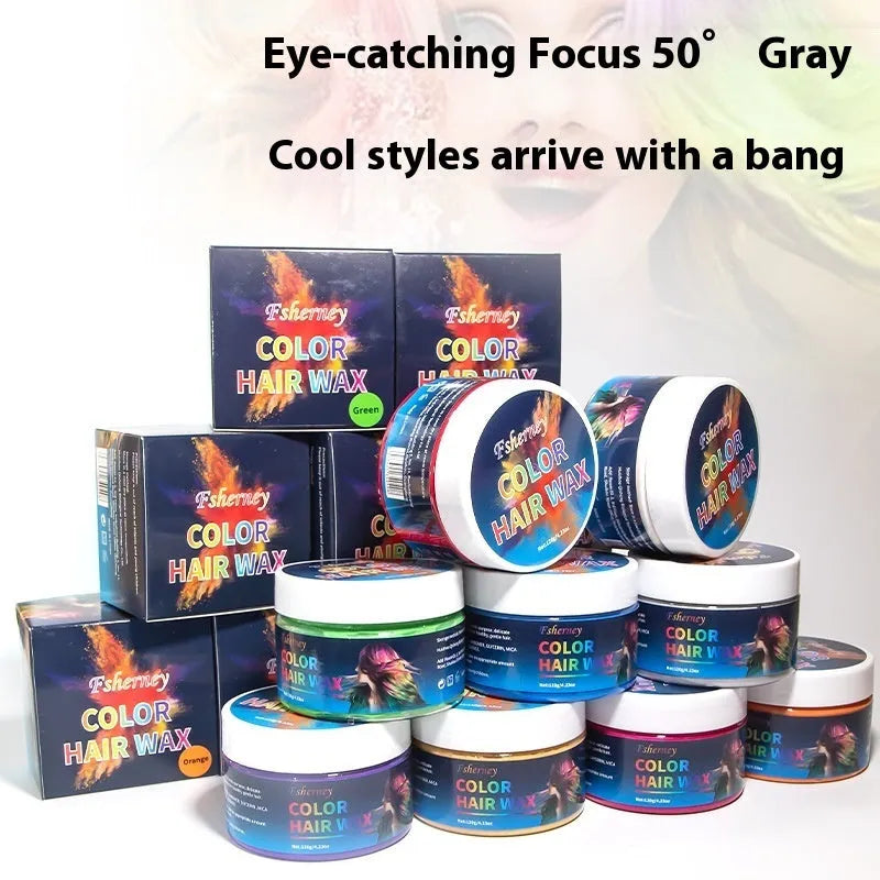Pot of 120g hair styling clay in one of nine colours like blue, red, or granny grey.