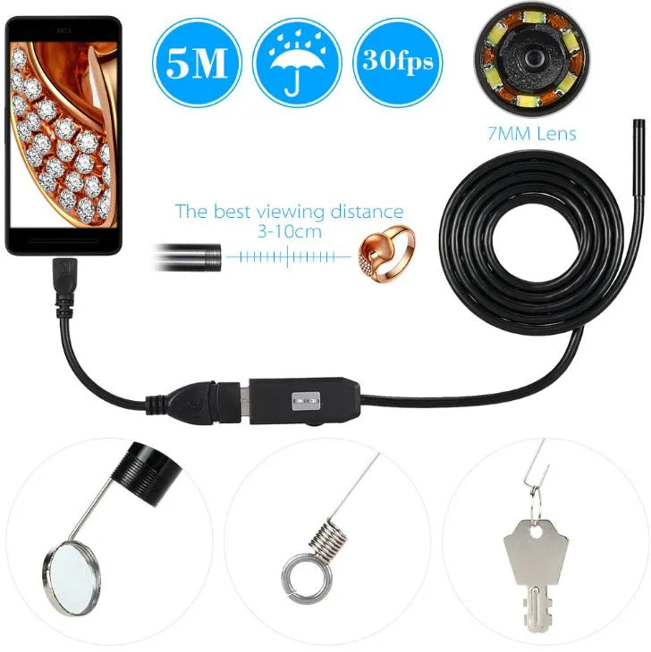 OWSOO USB endoscope camera with 7mm lens, 5m waterproof cable, and retrieval attachments for phone and computer inspection