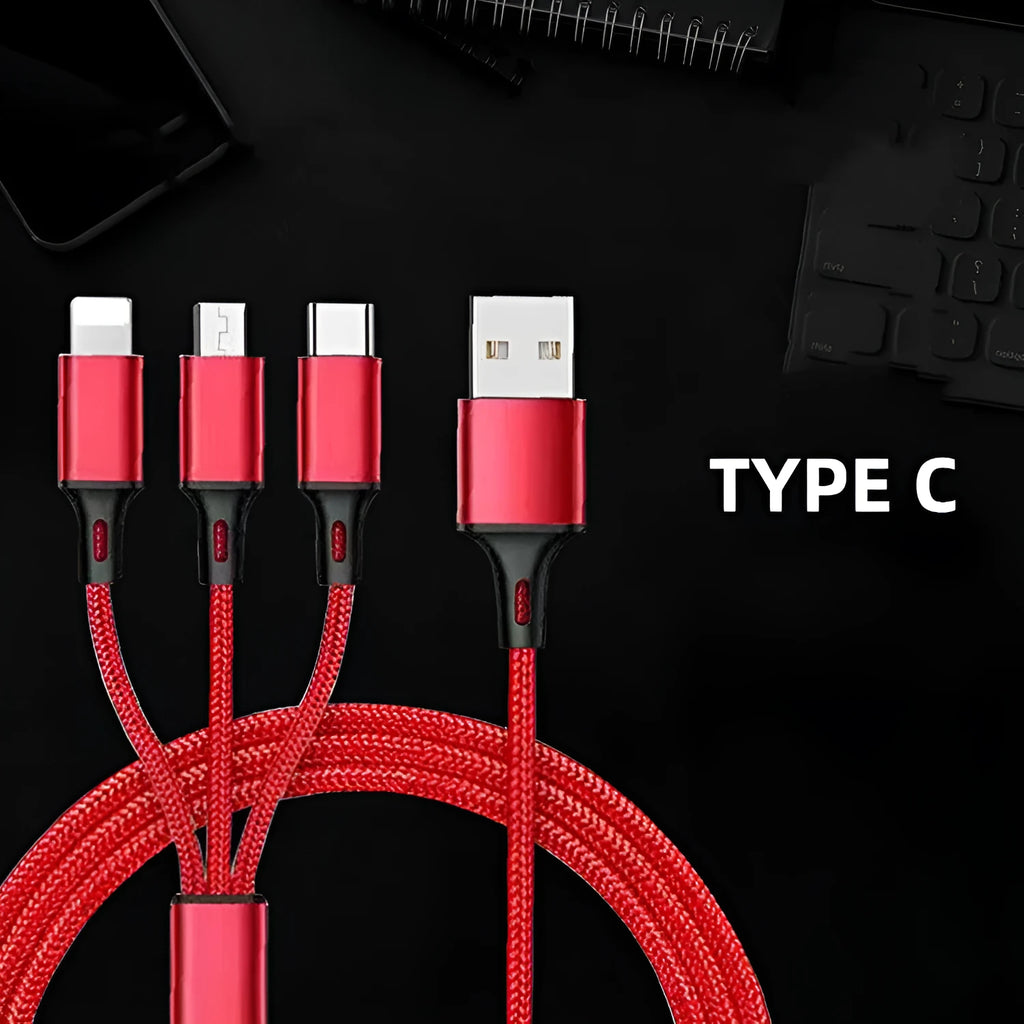 One for three charging data cable with 1.2 metre length in multiple colour options