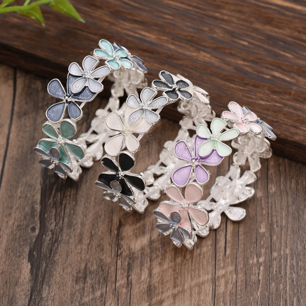 Women's zinc alloy flower elastic bracelet with adjustable band in blue floral design