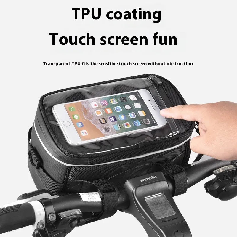 Black waterproof bicycle handlebar bag mounted on bike with folding design showing 7-inch height measurement