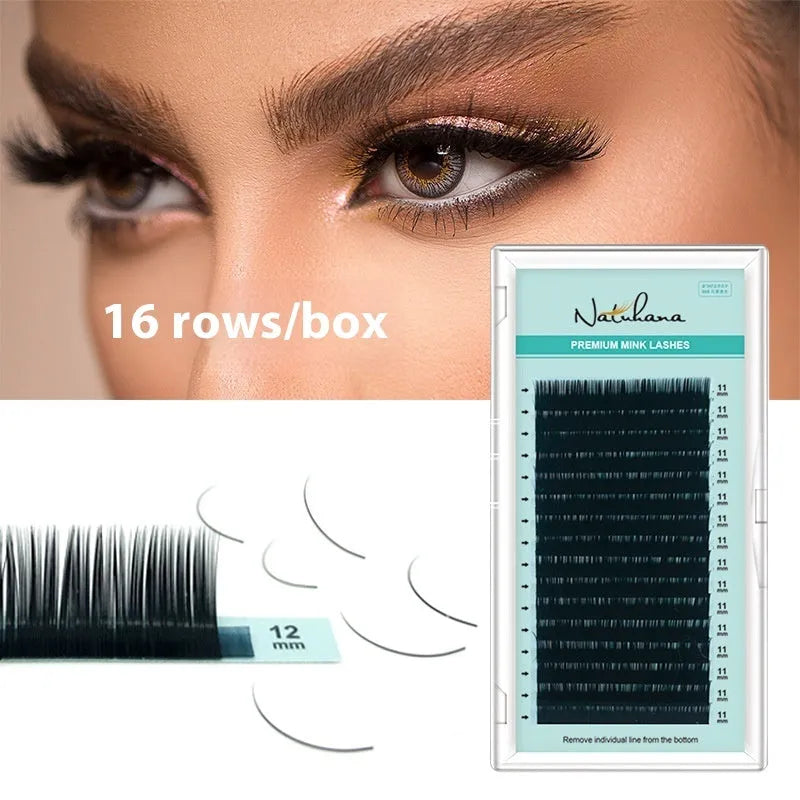 Artificial fibre false eyelashes with soft velvet texture showing length options from 7mm to 15mm