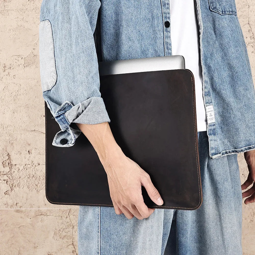 Brown genuine leather computer bag with horizontal design for laptops and tablets