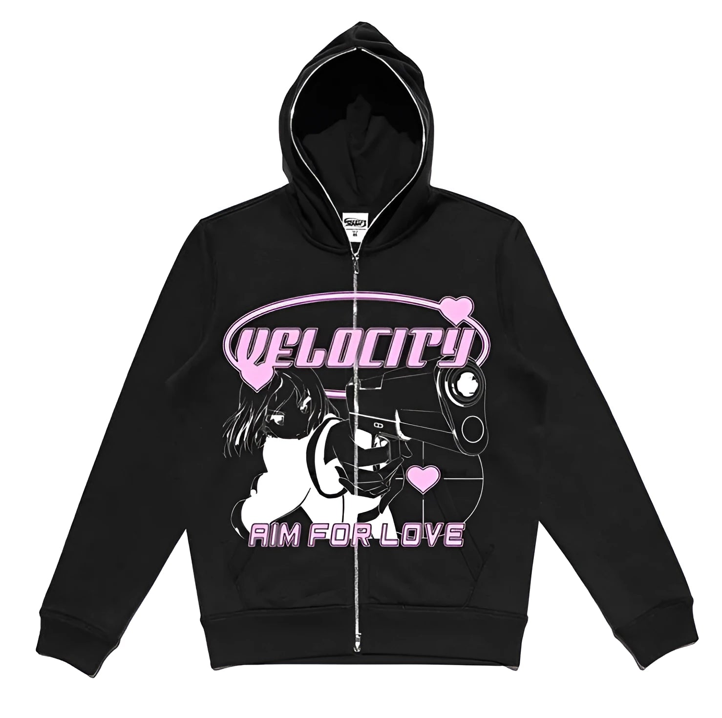 Women's street hip hop gothic black zip hoodie with printed pattern and loose fit