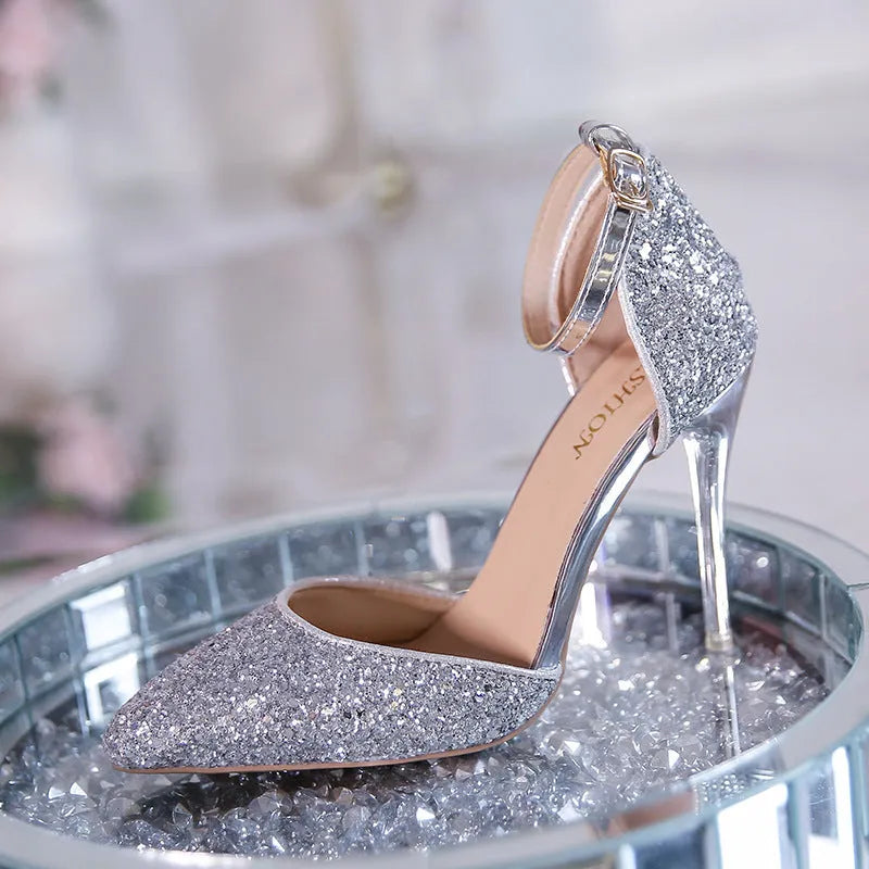 Stiletto heel fashion high heels pumps in solid colour with beaded and belt decoration, super high heel over 8cm