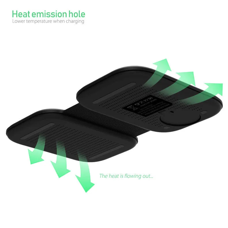 Magnetic wireless three-in-one foldable charger in black with iPhone, Apple Watch, and AirPods placed on charging zones