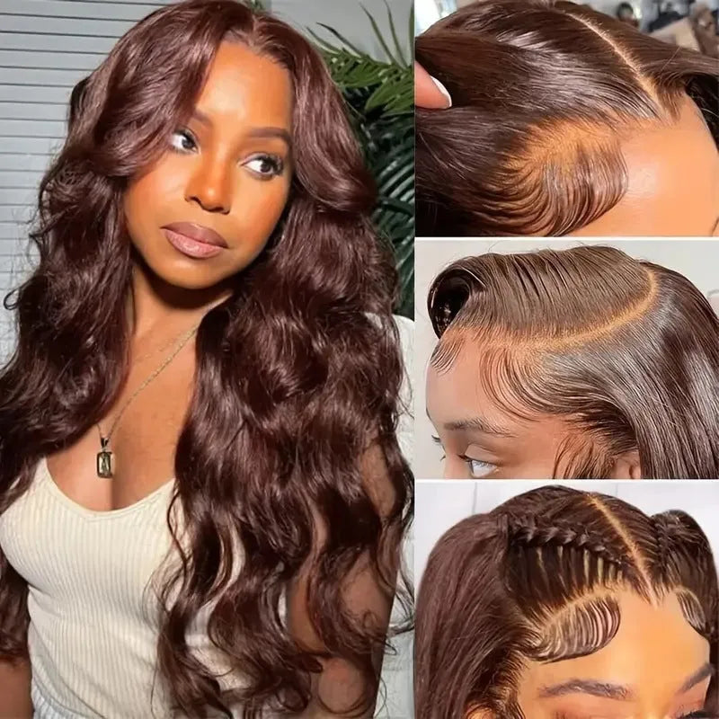 Women's long curly dark brown front lace wig with side bangs on a mannequin head