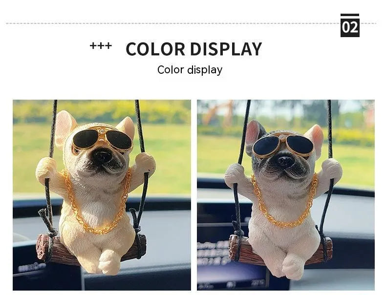 Small resin bulldog cartoon pendant for hanging on a car rearview mirror.