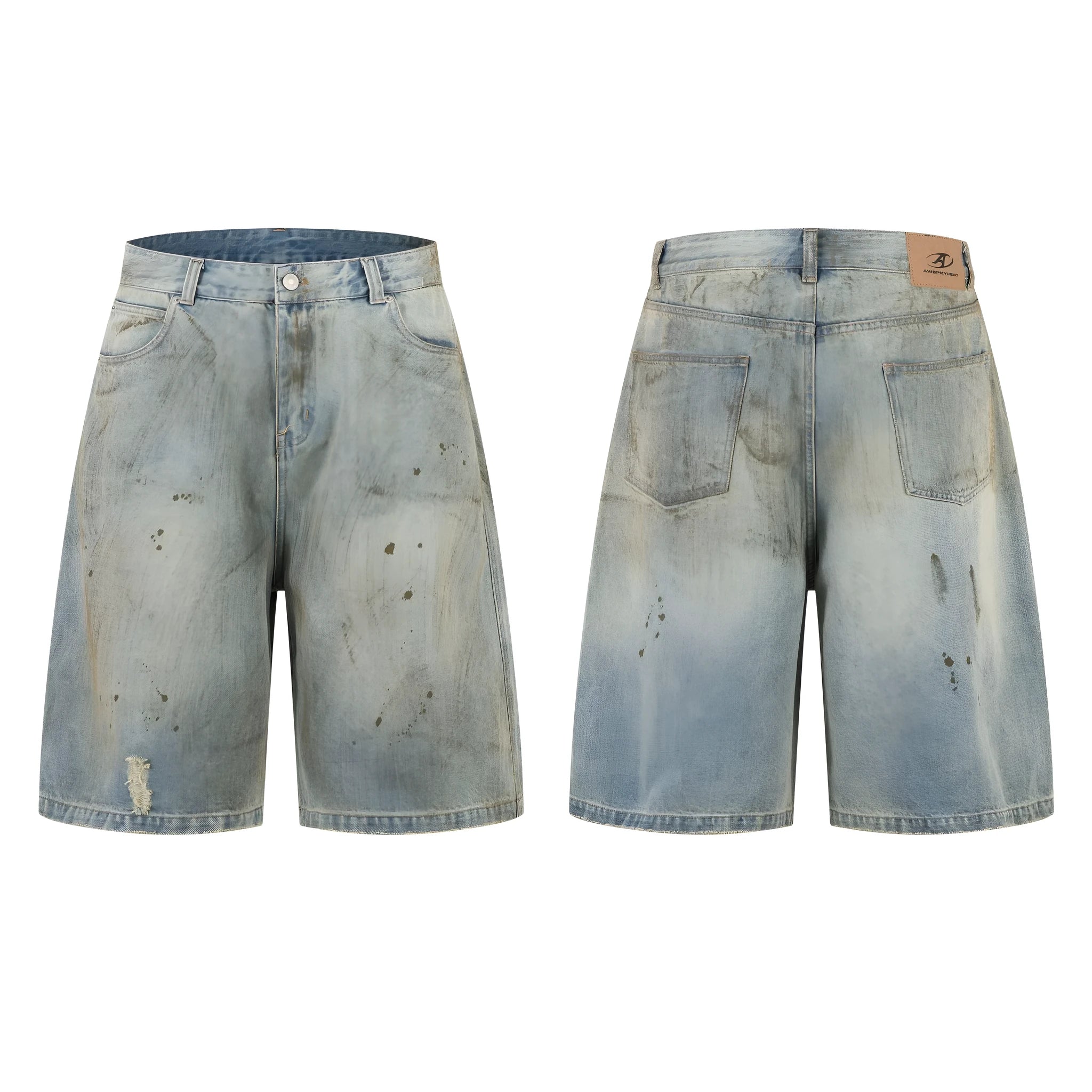 Blue washed straight leg denim trousers showing mid-length cut and zipper fly detail
