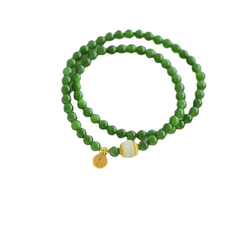 Women's double circle Hetian jade bracelet with fu character in original geometric design