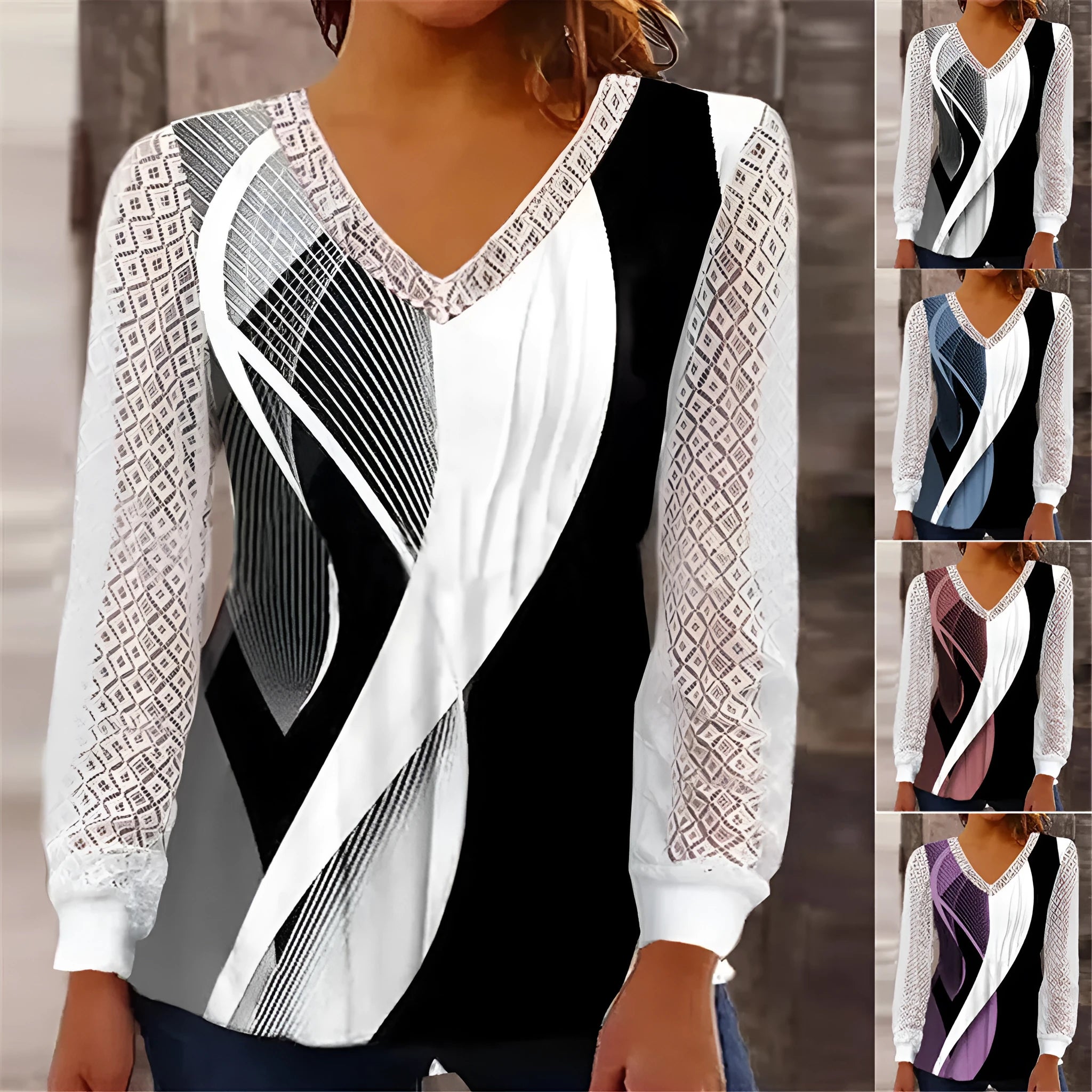 Purple loose fit V-neck women's top with long sleeves and a hollow-out lace print design.