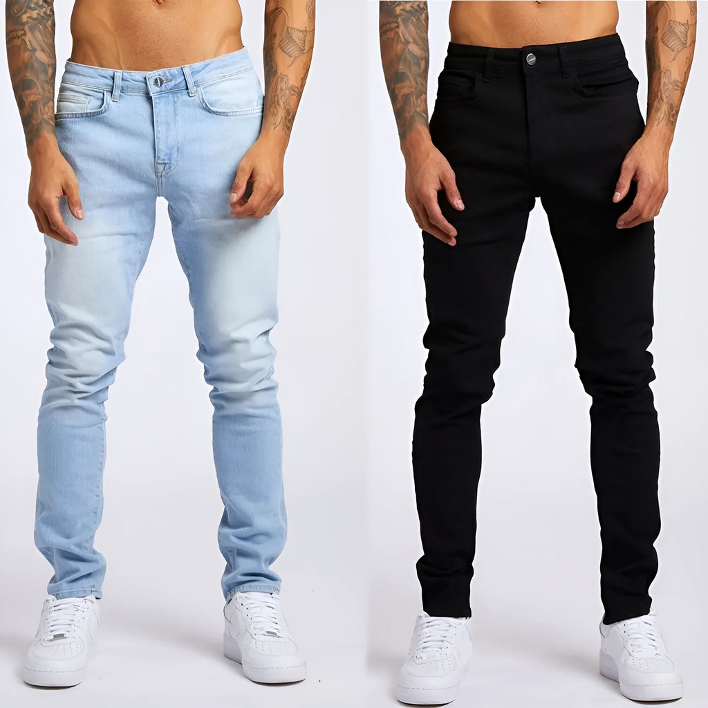 Men's fashion casual slim fit high waist jeans in light blue cotton with solid colour finish