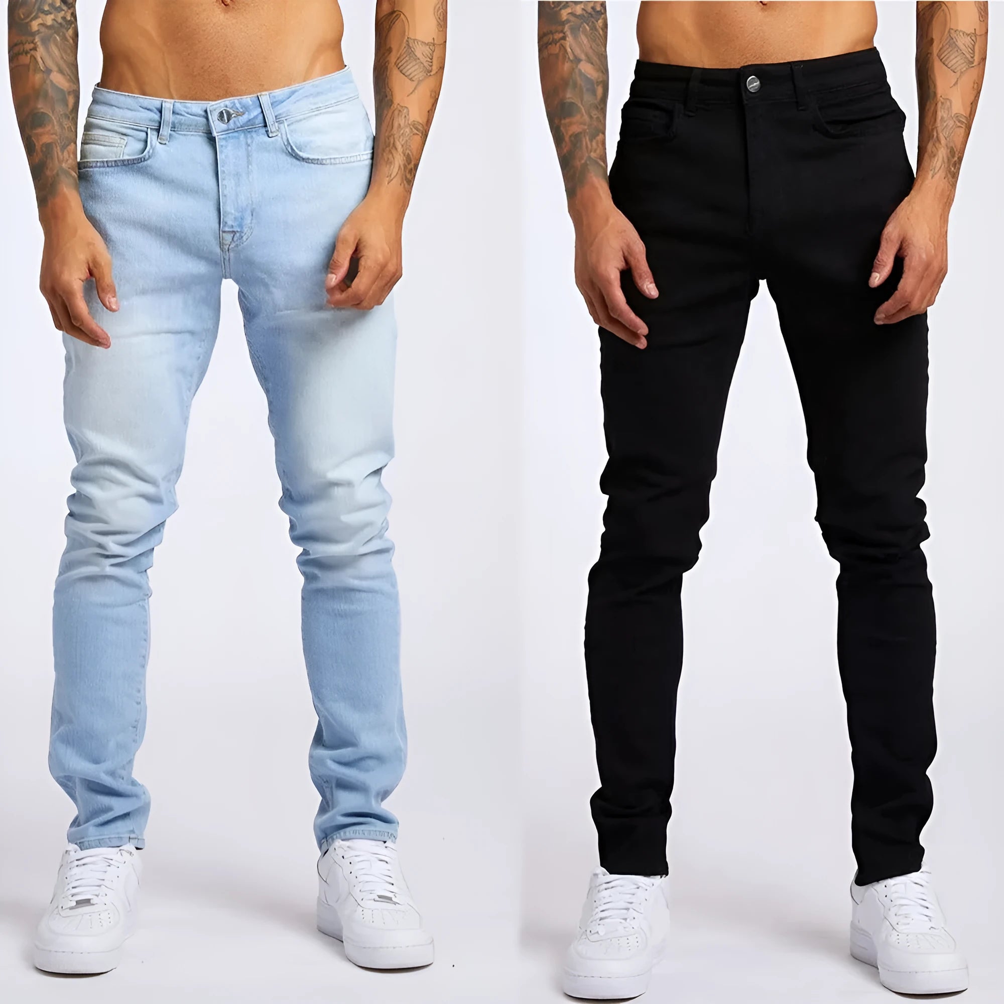 Men's fashion casual slim fit high waist jeans in light blue cotton with solid colour finish