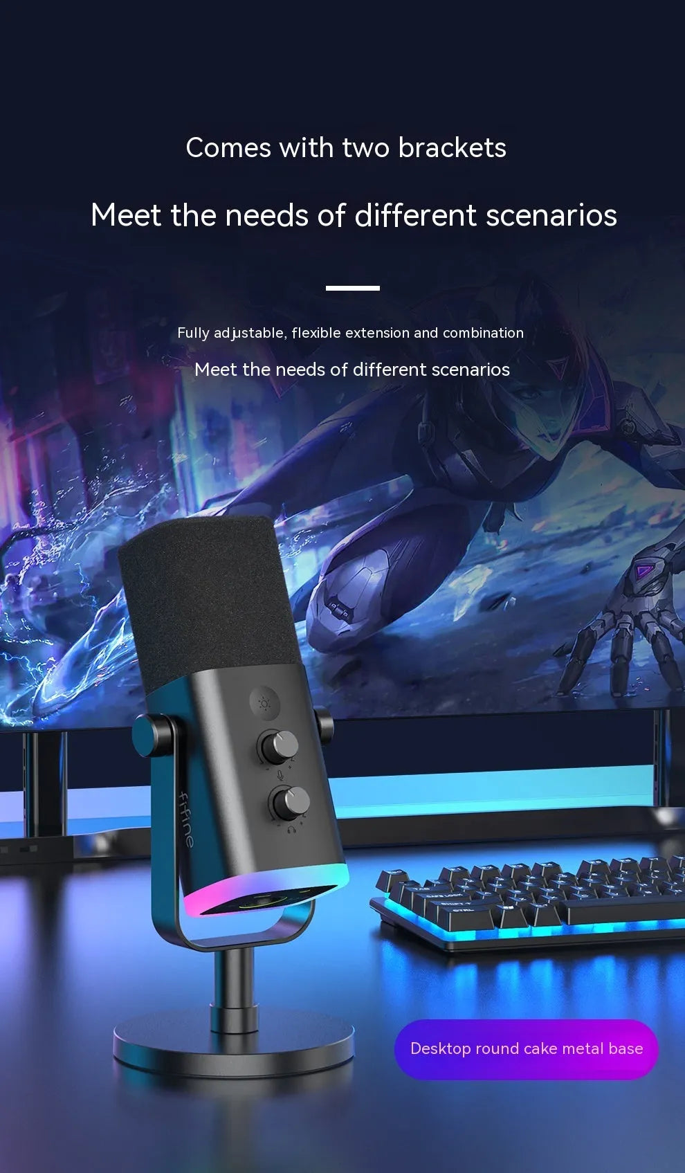 Dynamic noise reduction microphone in black with adjustable desktop base and XLR cable