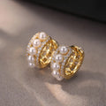 Light luxury French pearl earrings for women, copper geometric double ring, gold-plated finish, micro inlay, 1.5 cm diameter