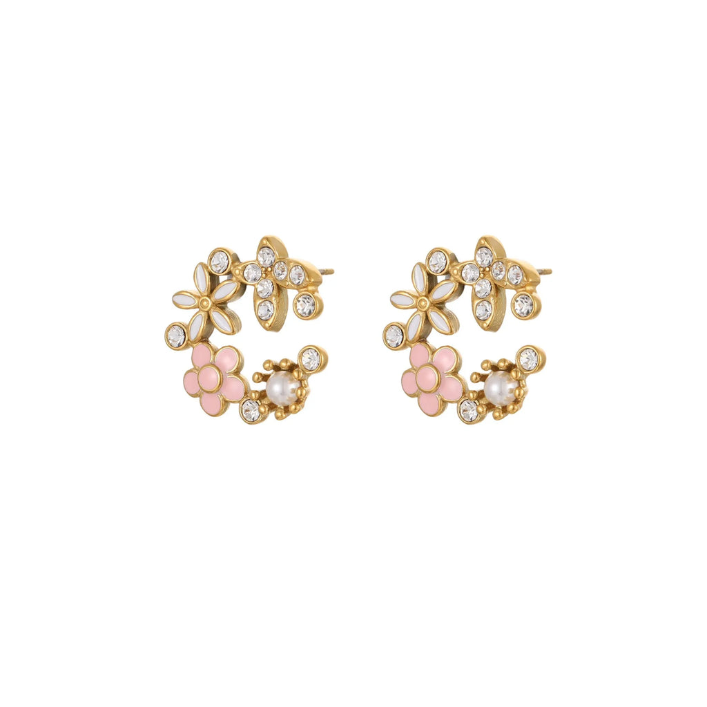 Colourful flower stud earrings with petal design on stainless steel