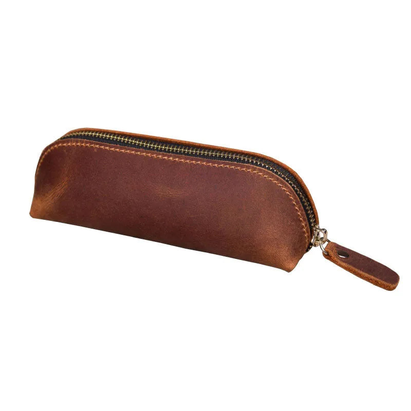 Square handmade genuine cowhide leather pencil case with zipper in black, brown, dark brown, or yellow.