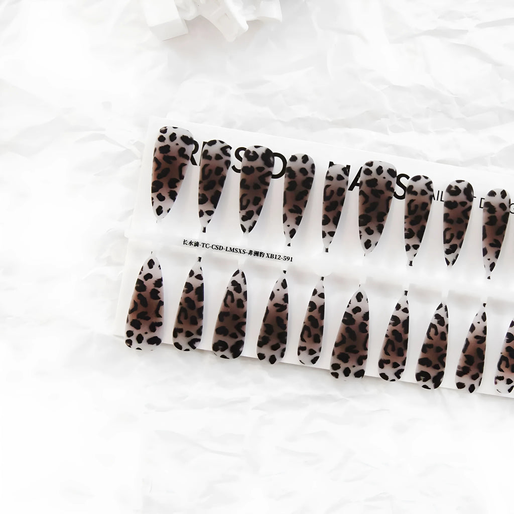 African leopard print long stiletto false nail tips with ultra-thin seamless design, 40 pieces per pack