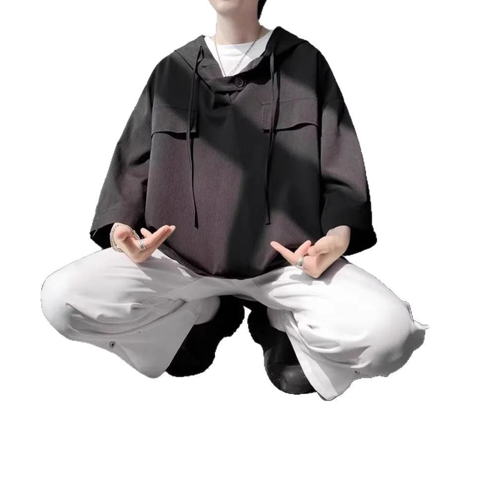 Men's hooded half sleeve t-shirt in loose fit polyester available in multiple solid colours
